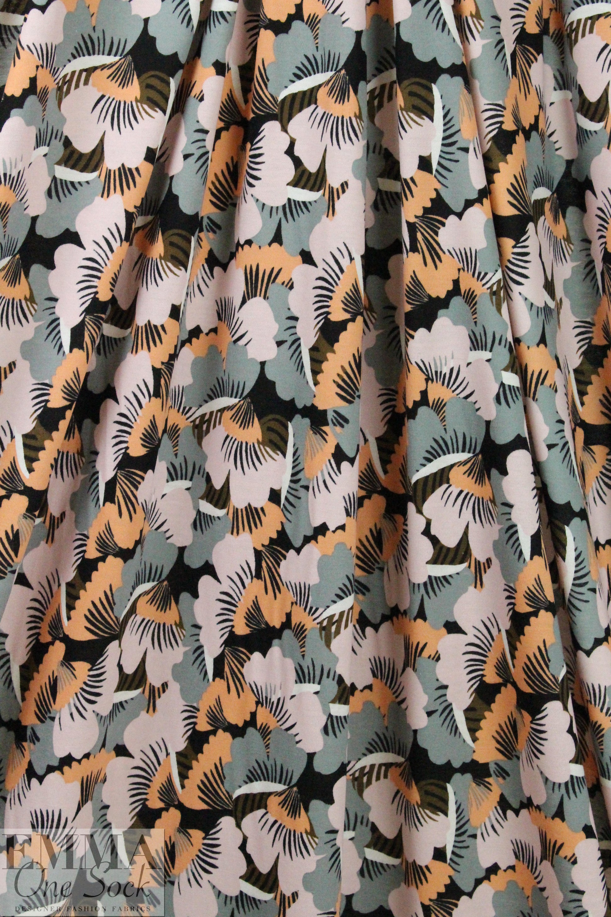 German digital cotton knit - peach/gray stylized floral