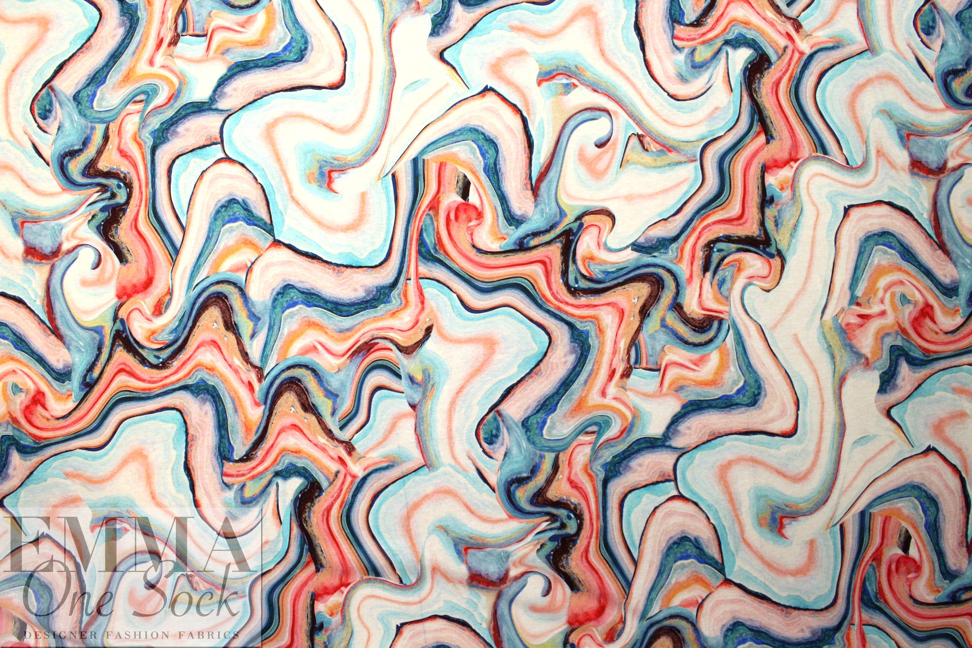German digital cotton knit - aqua/pink fimo swirl 1.25 yds
