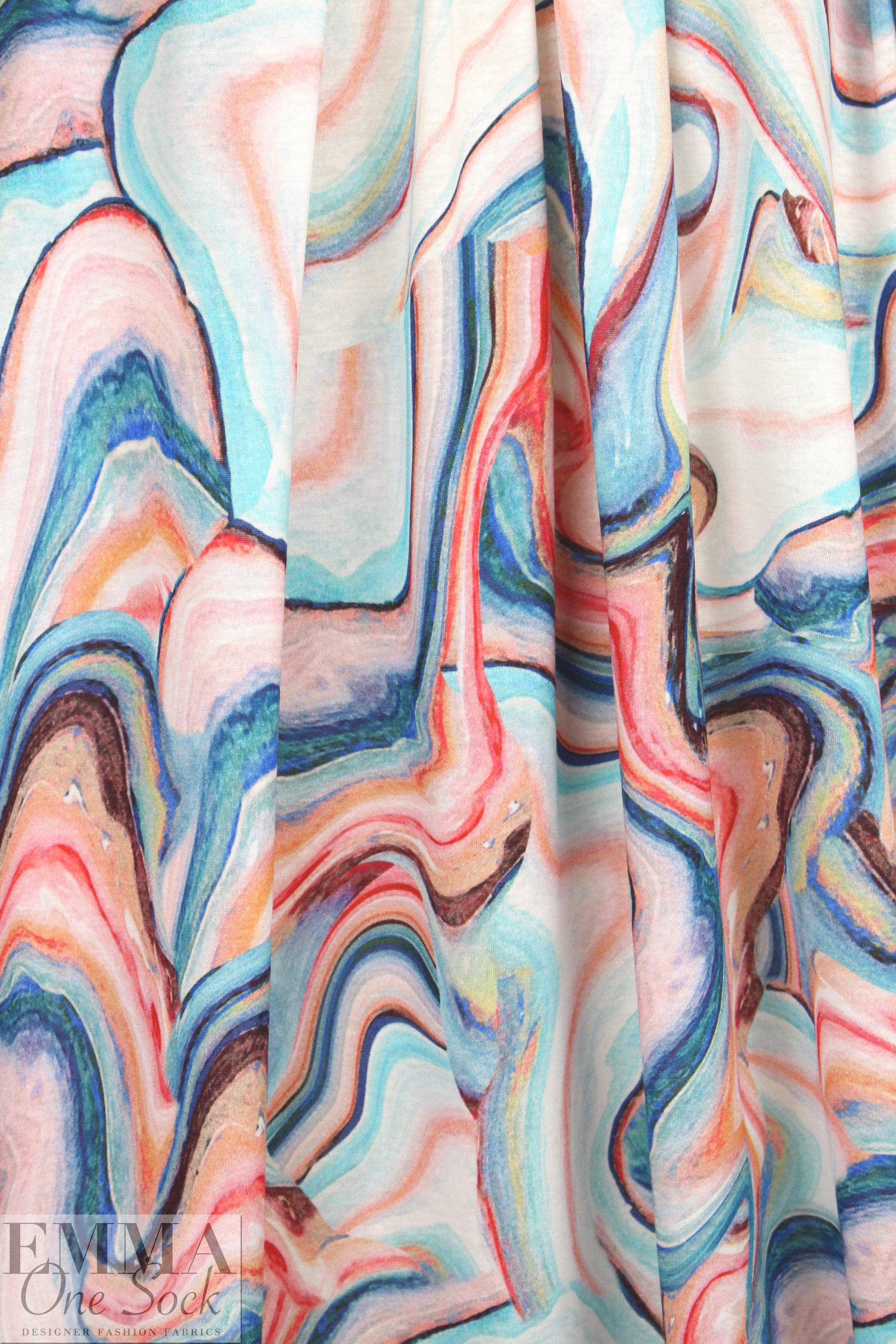German digital cotton knit - aqua/pink fimo swirl 1.875 yd