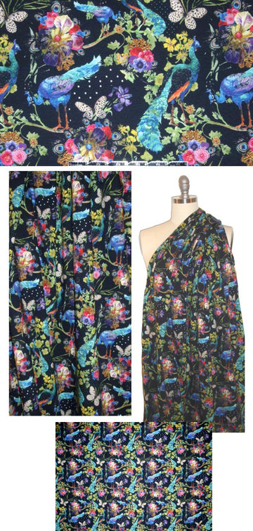 Dutch digital 'peacocks/butterflies' cotton knit - black 1.125 yds