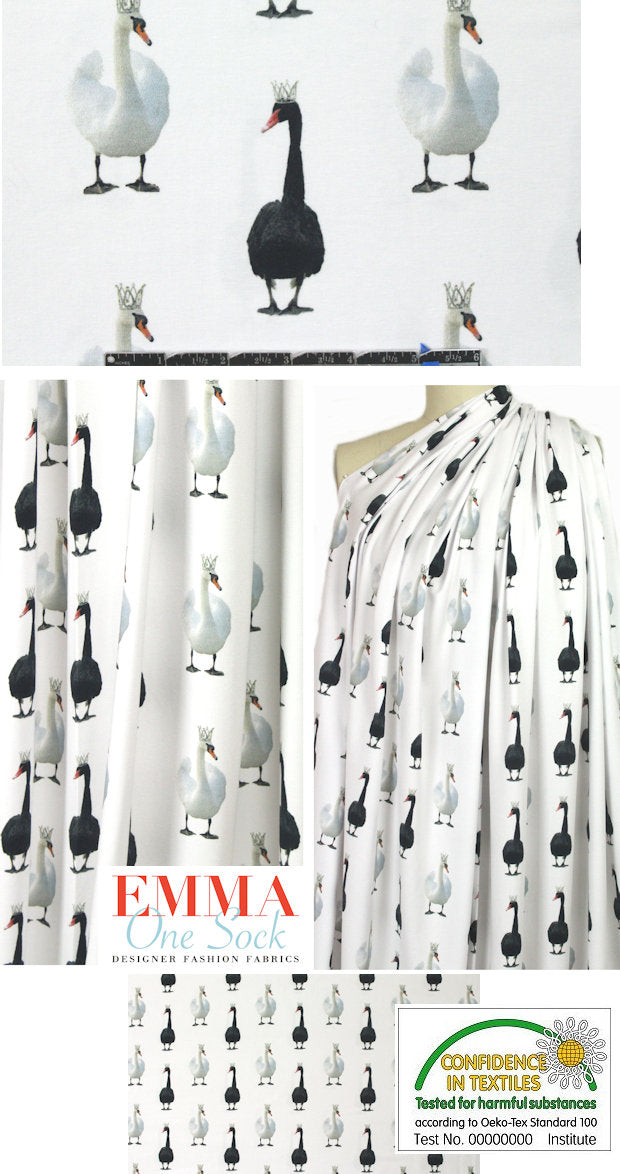 Dutch digital 'geese in tiaras' cotton/lycra knit  .66 yds
