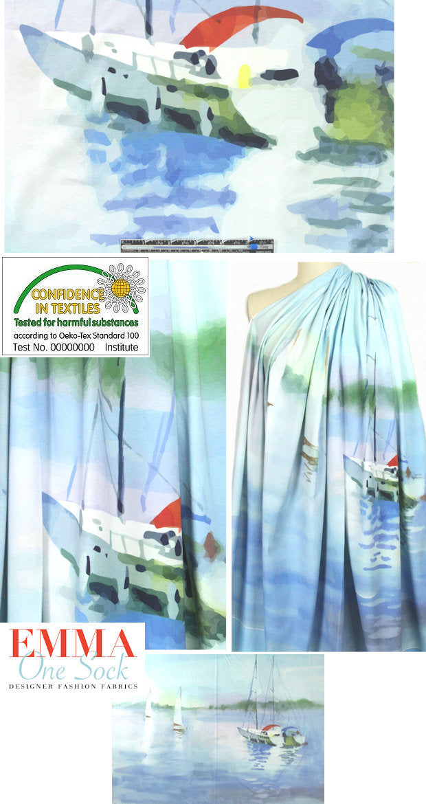 Dutch 'sailing away...' cotton knit panel 2.6 yards