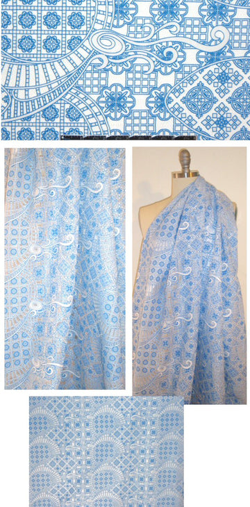 Italian over-printed cotton lace - blue/white 1 yard