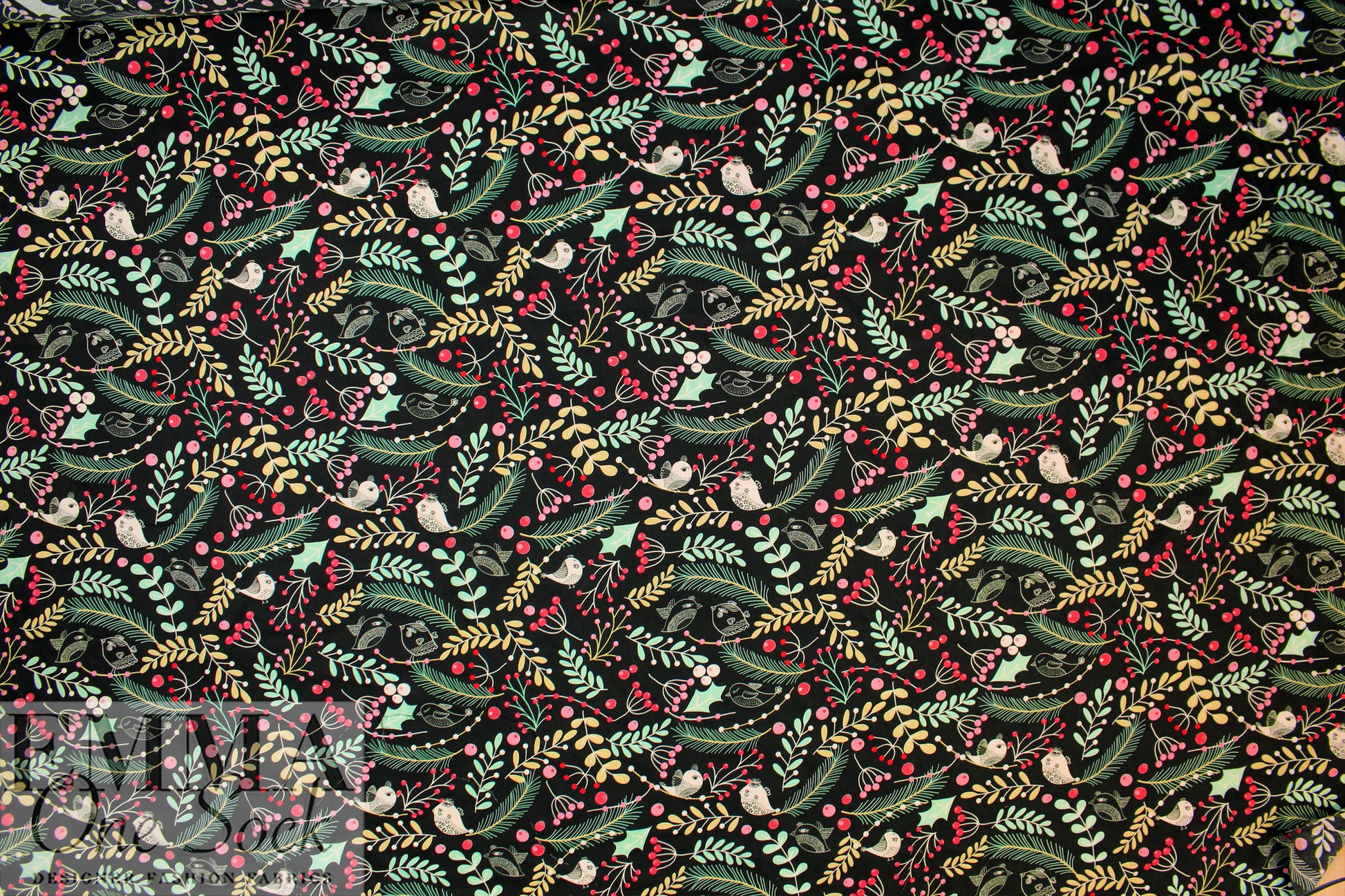 'winter birds' cotton lawn - mint/pink/black 1.75 yd