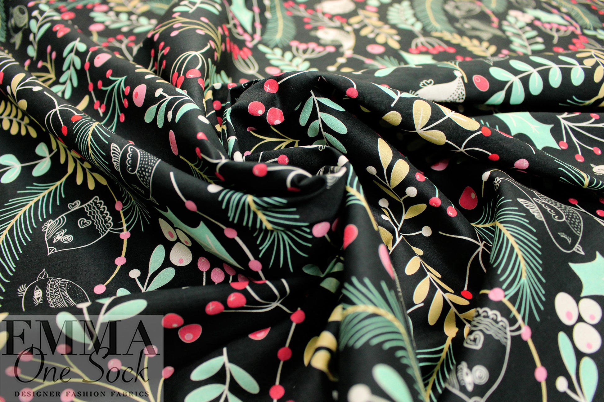 'winter birds' cotton lawn - mint/pink/black 1.75 yd