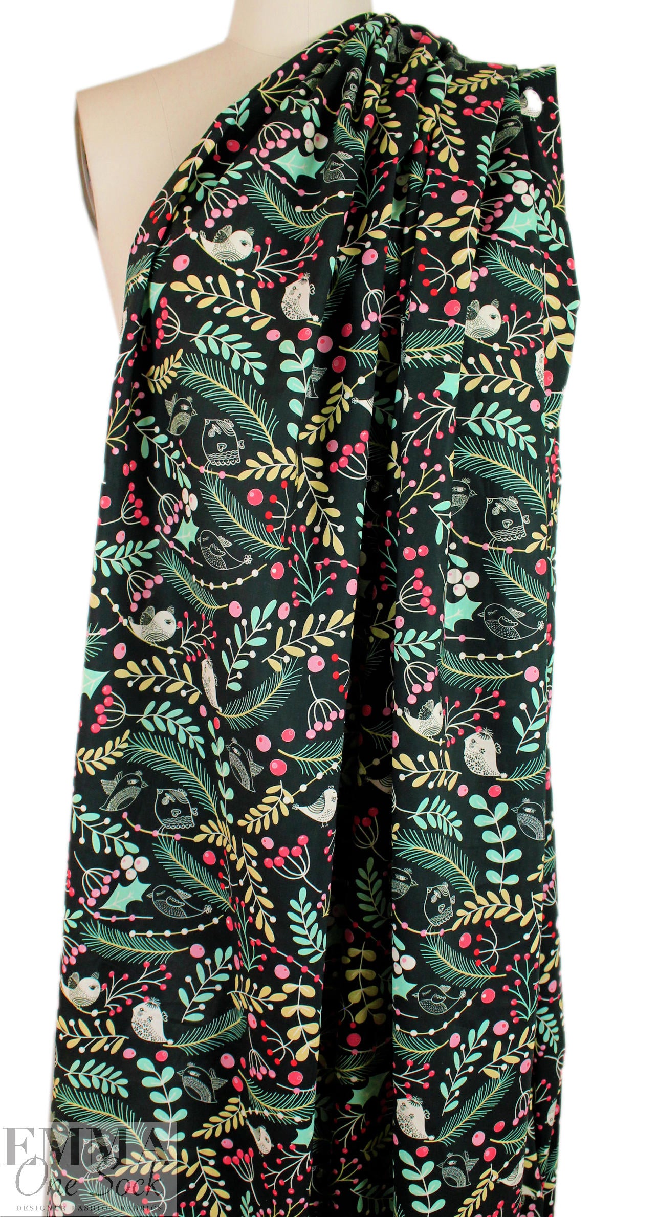 'winter birds' cotton lawn - mint/pink/black 1.75 yd