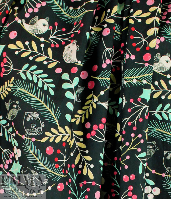 'winter birds' cotton lawn - mint/pink/black 1.75 yd