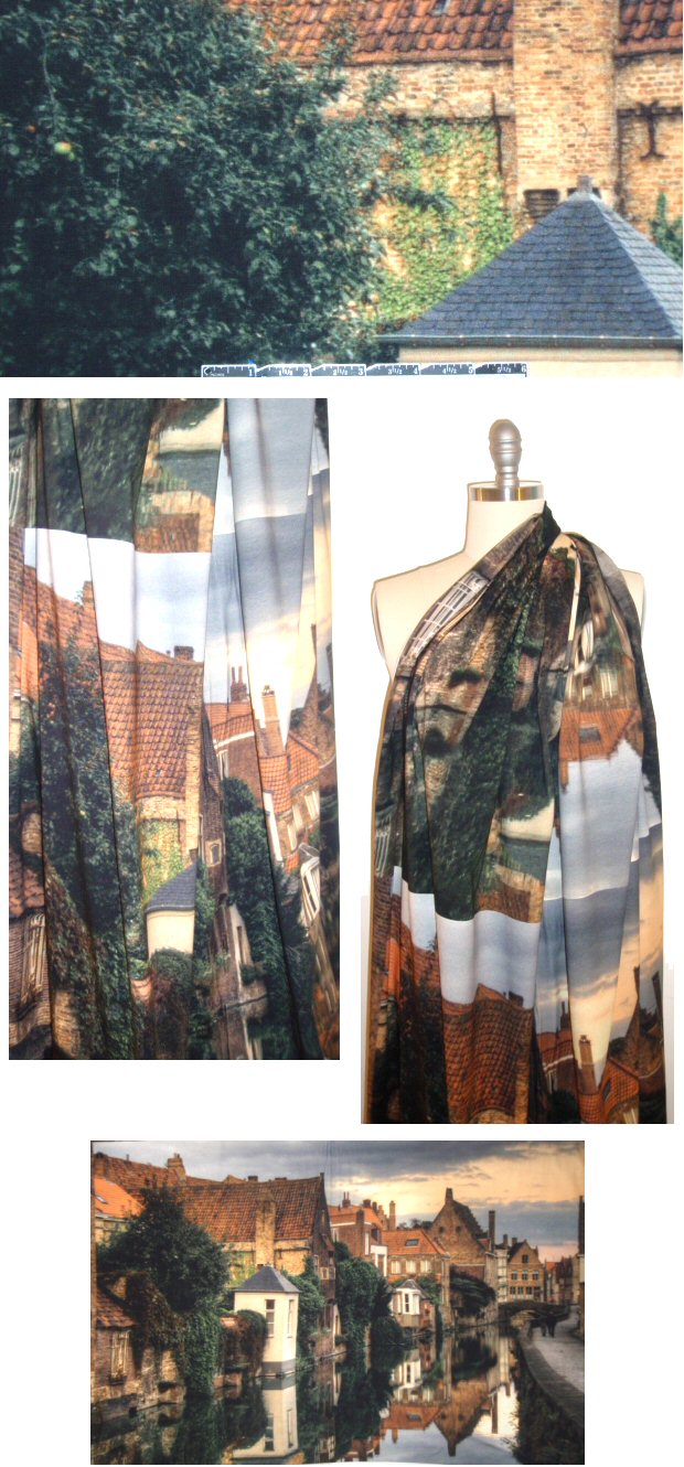 Dutch digital Brugge scene cotton/lycra knit panel