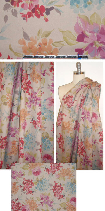 French watercolor floral on khaki stretch cotton