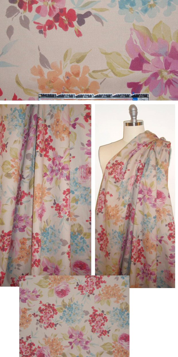 French watercolor floral on khaki stretch cotton 1.625 yd