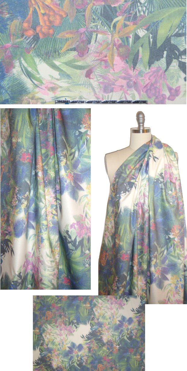 French digital tropical flower garden cotton/lycra twill