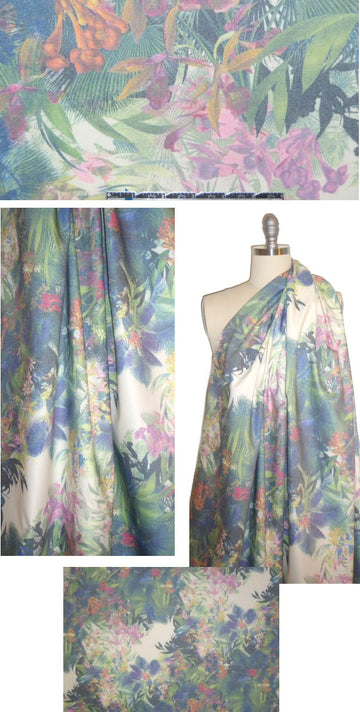 French digital tropical flower garden cotton/lycra twill