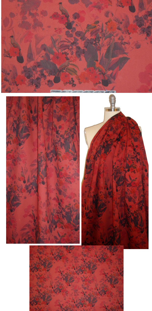 French floral bouquet printed stretch twill - cinnabar