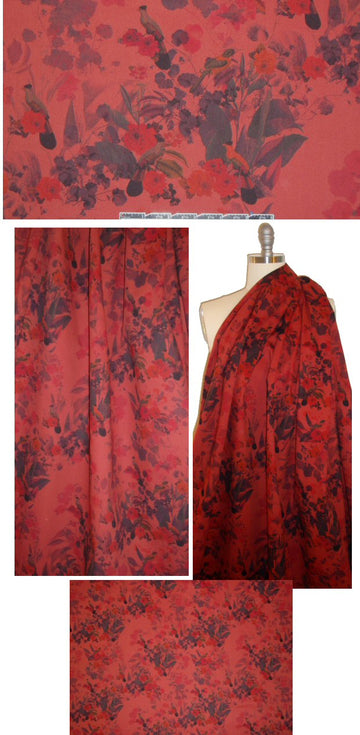 French floral bouquet printed stretch twill - cinnabar 1.66 yd
