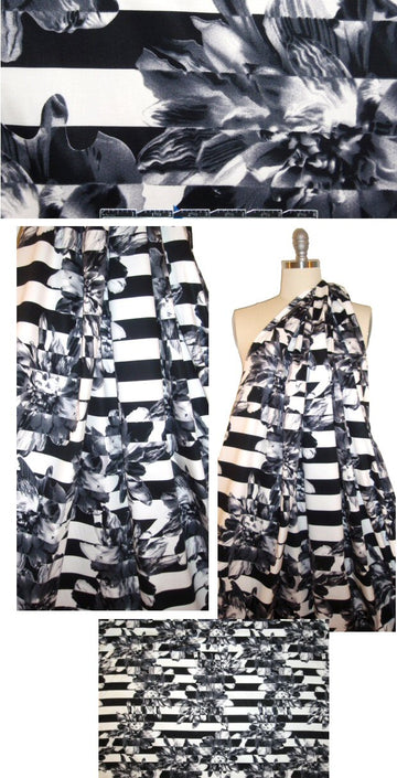 black white optic floral stripe cotton/lycra woven 1.5 yd