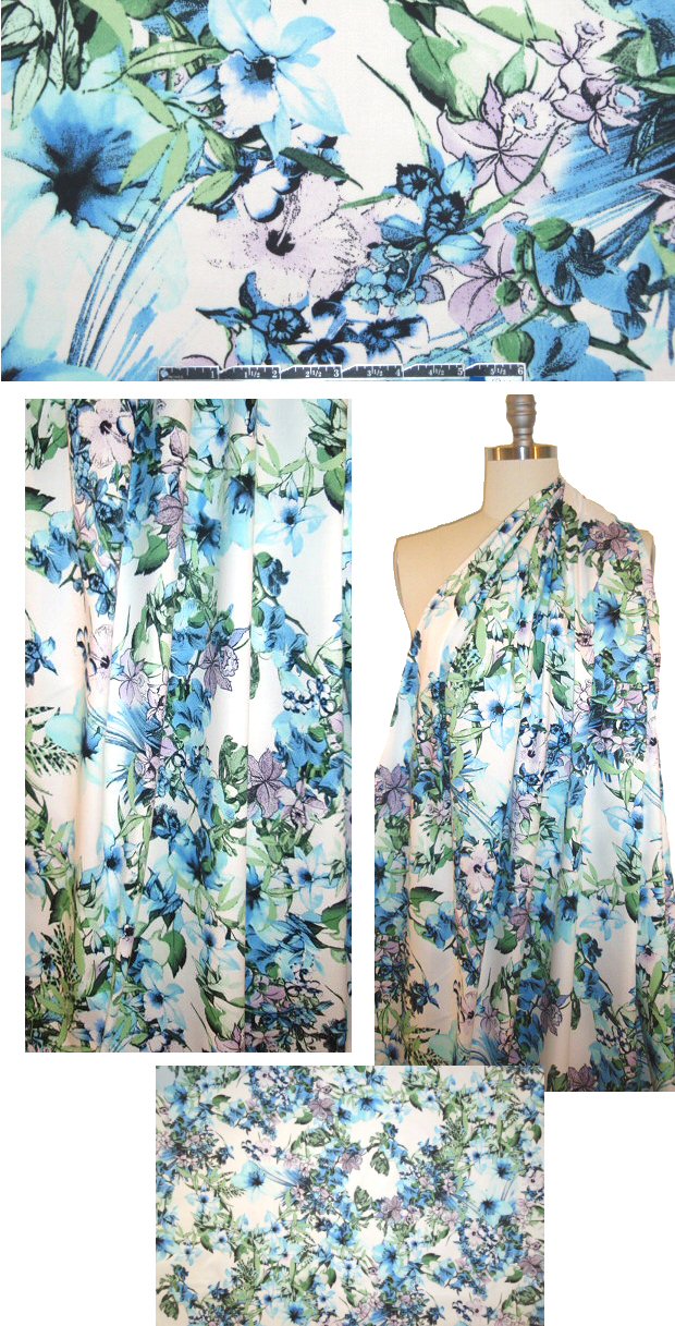 'in full bloom' blue/green/lilac cotton/lycra woven 1.25 yds
