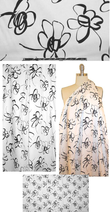 black on white stylized flowers cotton/lycra sateen 1.66 yd