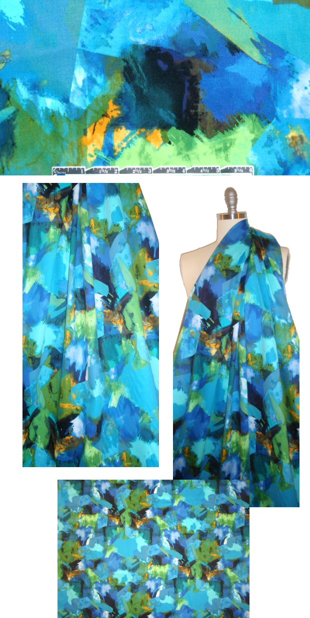 blue/green/citrine abstract cotton/lycra sateen 1.5 yd