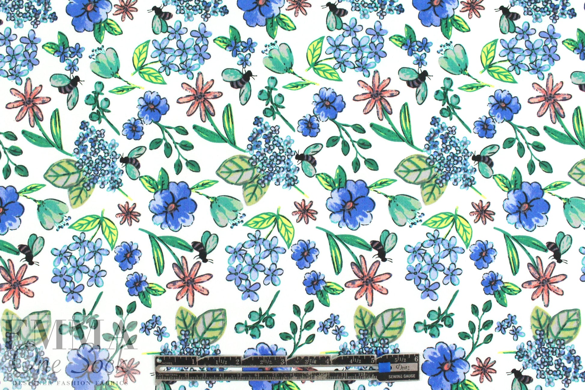 busy bee floral cotton/lycra sateen - blue