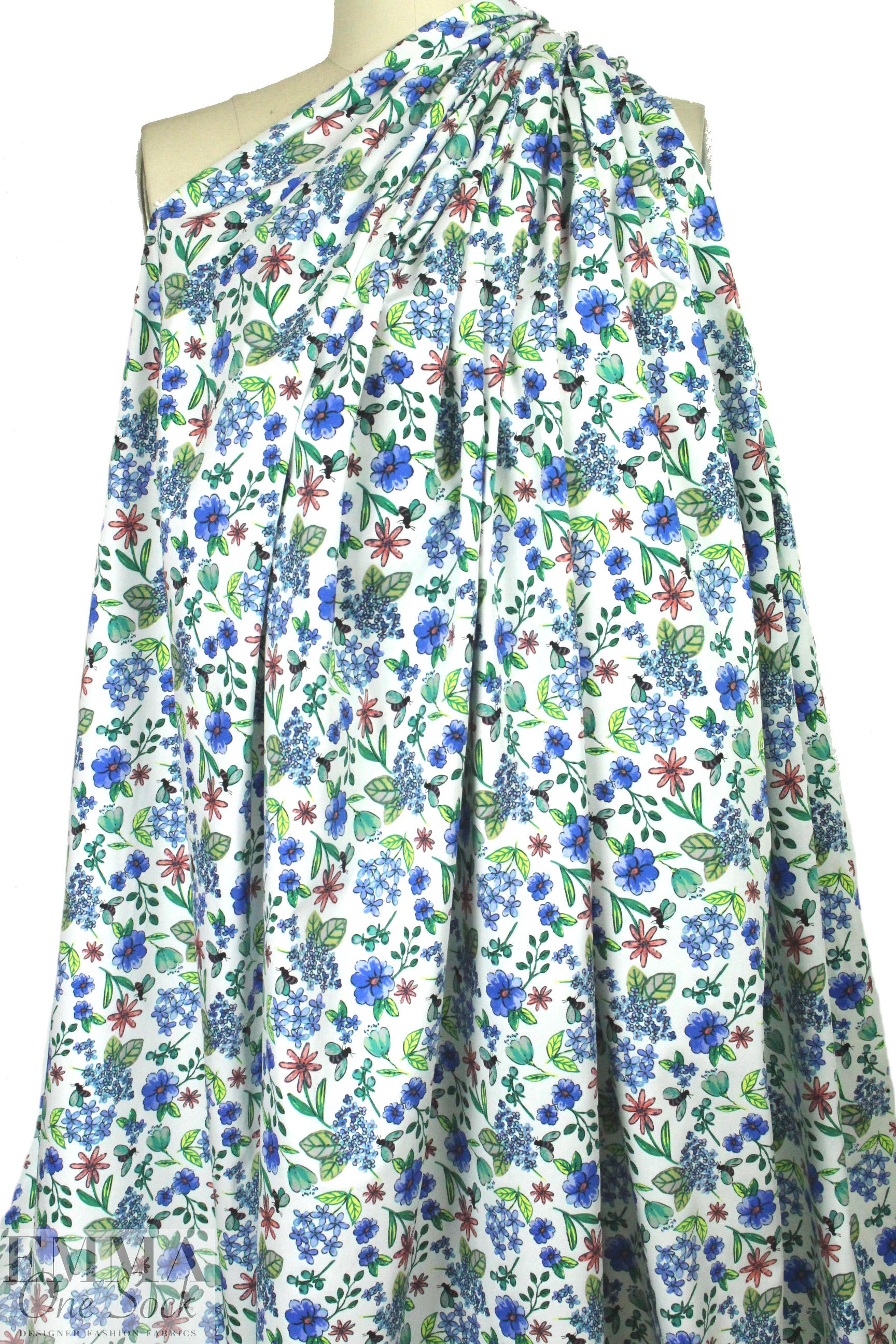 busy bee floral cotton/lycra sateen - blue
