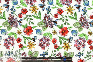 busy bee floral cotton/lycra sateen - red 1.375 yds