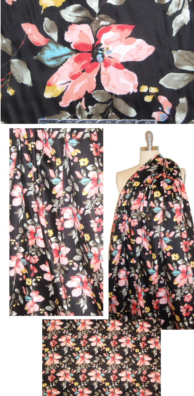 coral/black floral cotton/lycra sateen