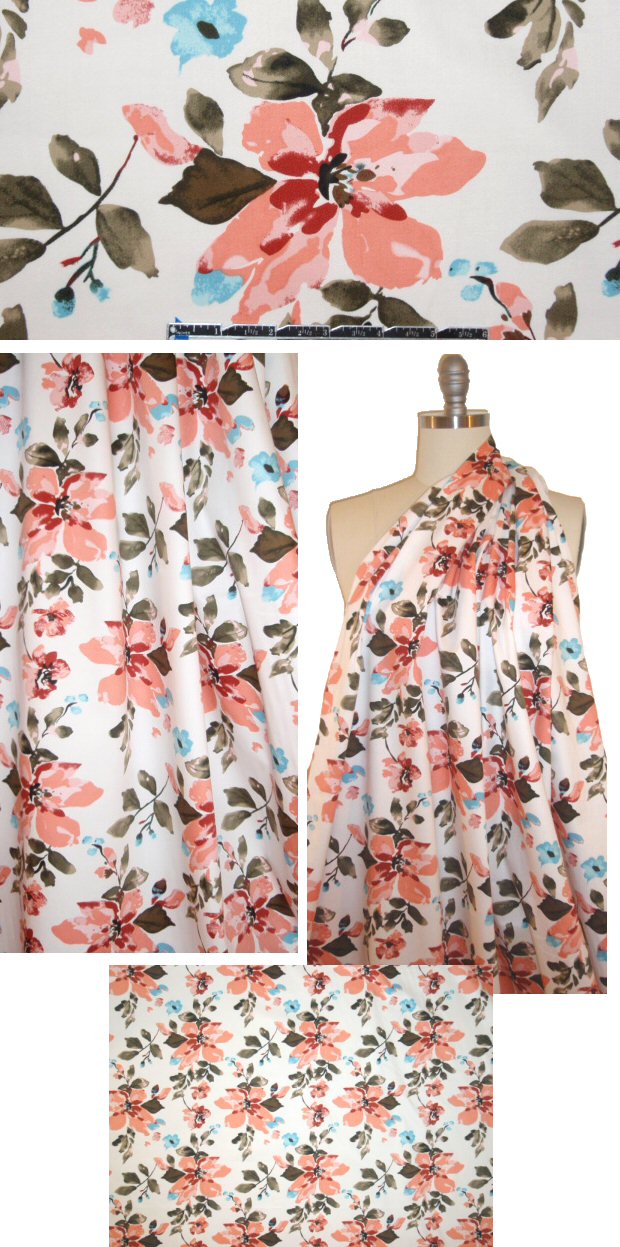 peach/aqua floral cotton/lycra sateen 1.75 yd