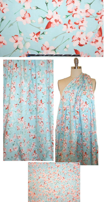 light blue blossoms cotton/lycra sateen 1.625 yd