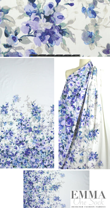 NY designer blue/lav floral border cotton 2.125 yds *flaw*