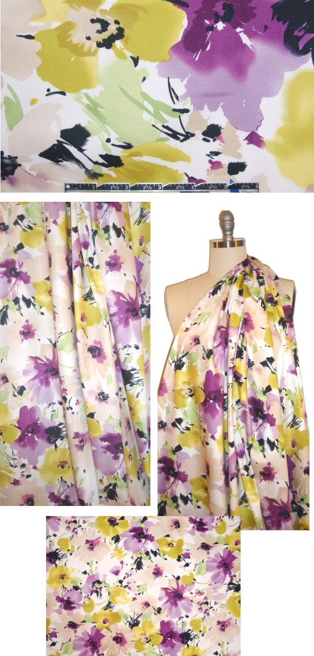 lavender/lemon watercolor floral stretch cotton sateen 1.5 yds