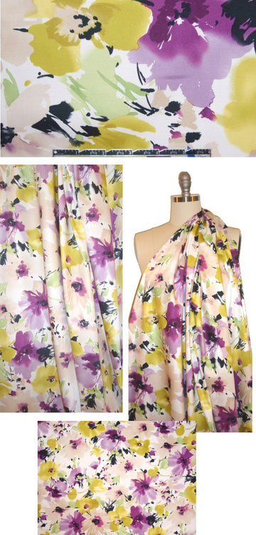 lavender/lemon watercolor floral stretch cotton sateen 1.5 yds