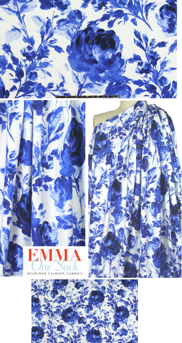 NY designer blue/white floral cotton stretch woven
