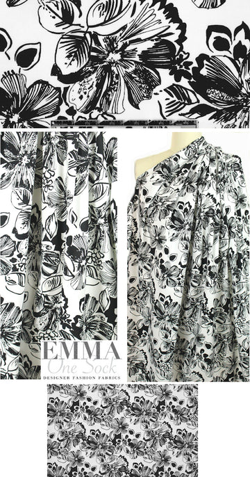 NY designer white/black floral cotton stretch woven 1.75 yd