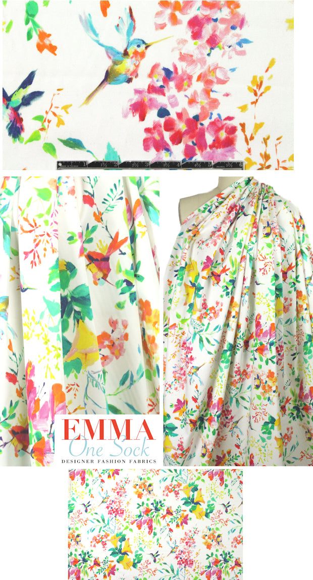 Italian floral aviary cotton stretch woven