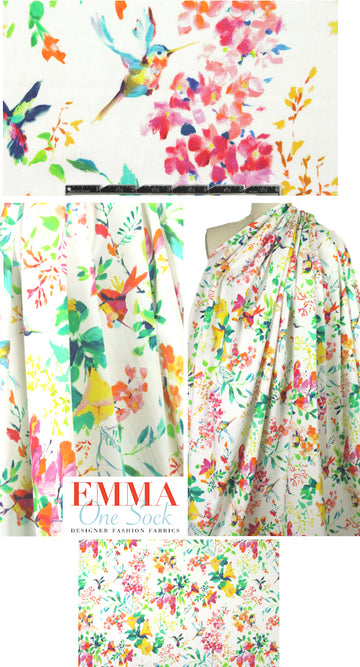 Italian floral aviary cotton stretch woven