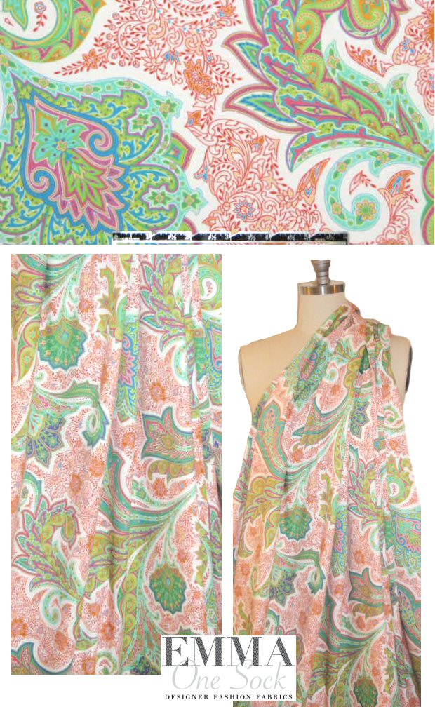 Italian bittersweet/kelly paisley cotton stretch woven