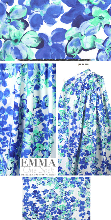 NY designer blue/spearmint floral cotton stretch woven