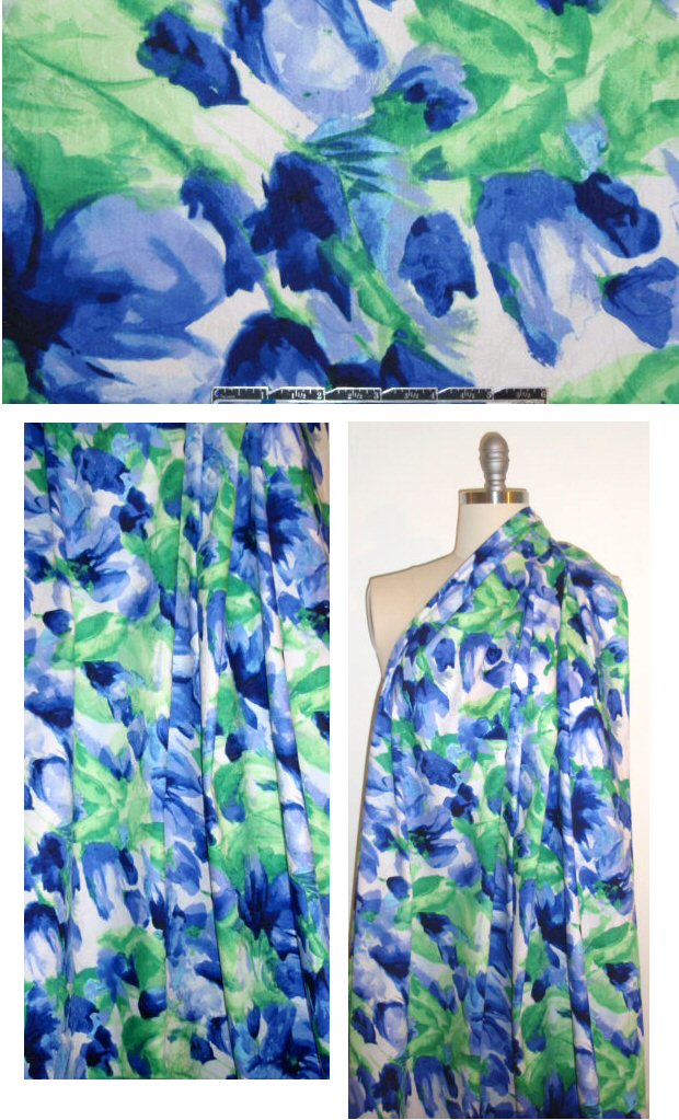 NY designer blue/green floral cotton lycra damask woven 1.125 yds