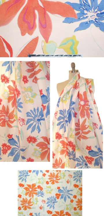 Italian painted flowers cotton ottoman - coral/blue 2 yd