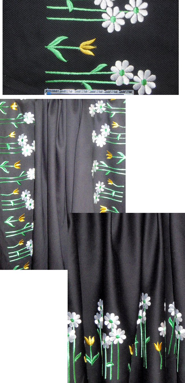 NY designer flower embroidered black cotton pique' 2.125 yds