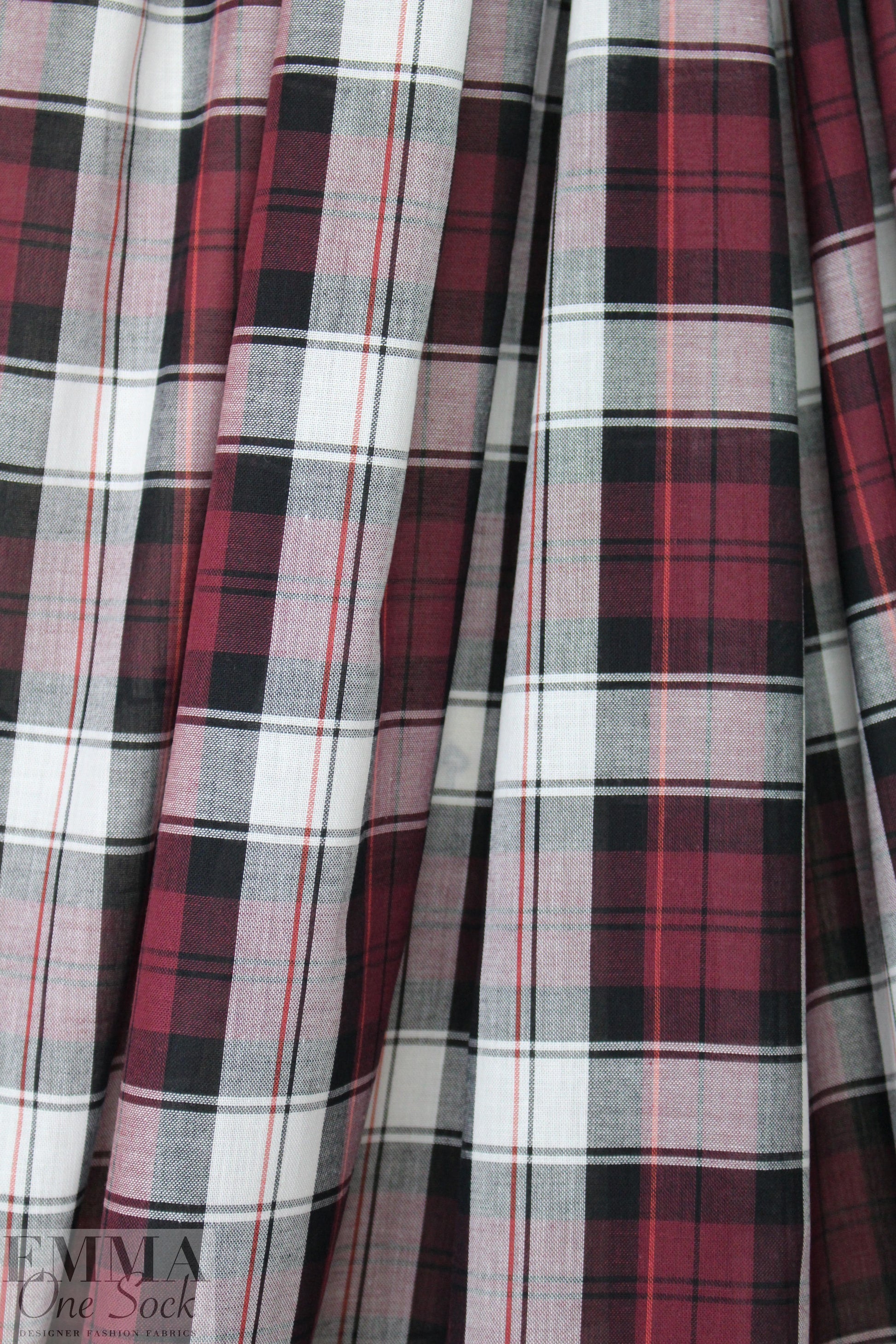CA designer semi-sheer plaid cotton woven - burgundy