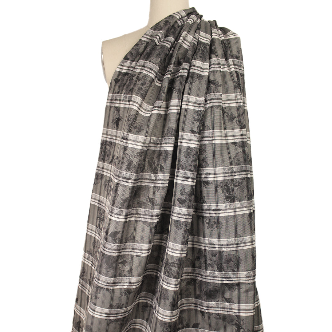 CA designer semi-sheer overprinted plaid woven - peat/cloud 1.625 yd