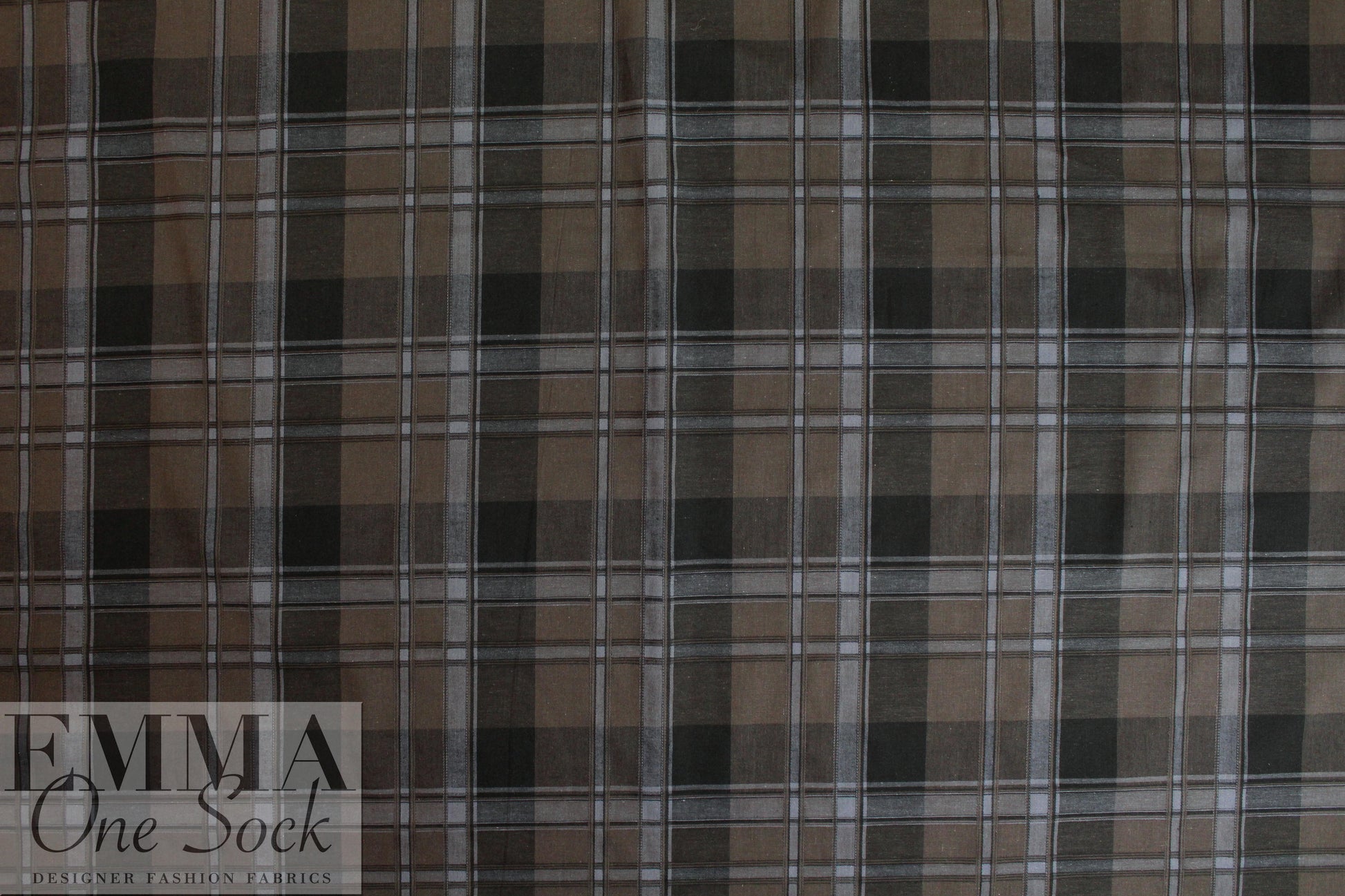 CA designer bark/black/gray plaid cotton stretch shirting