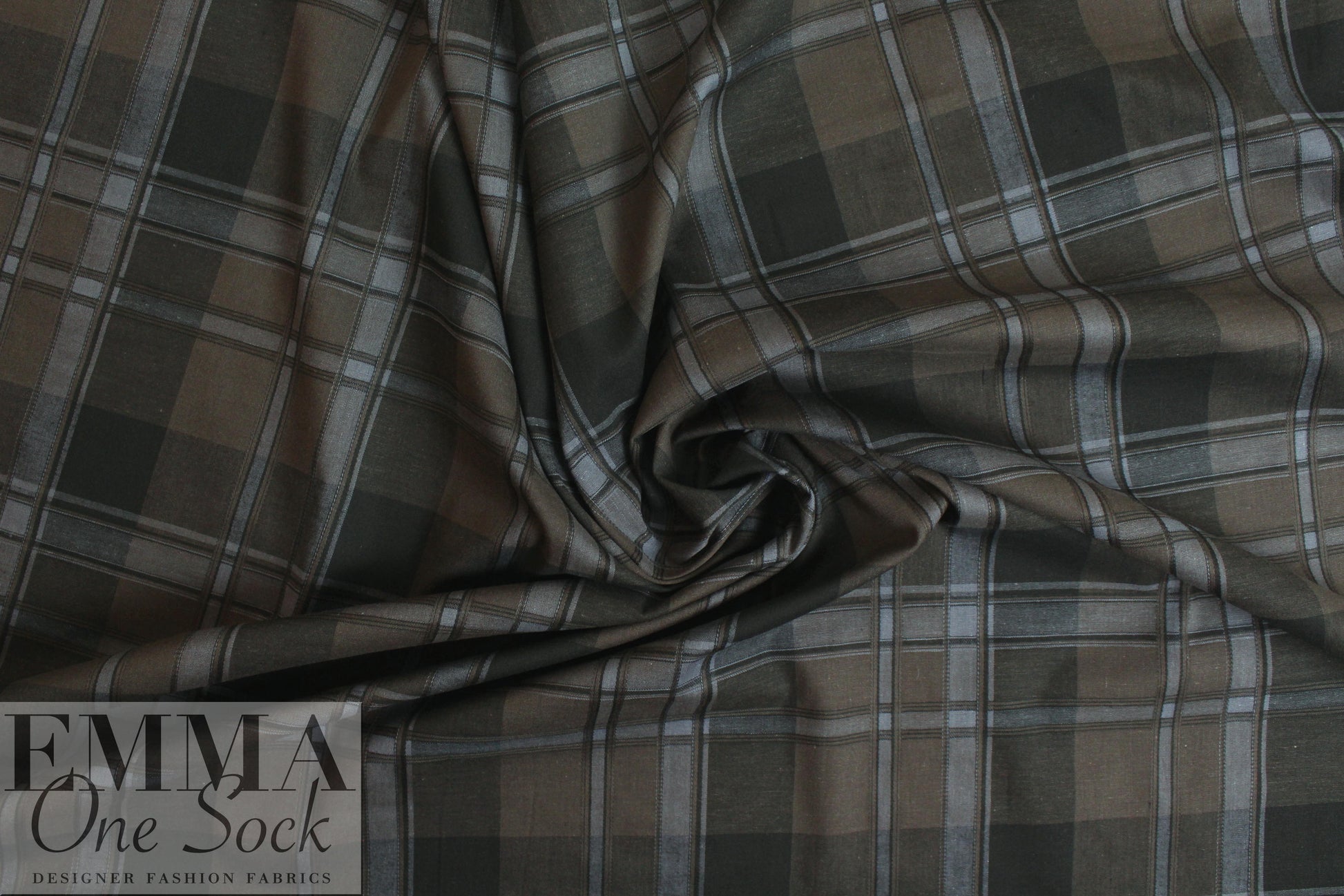 CA designer bark/black/gray plaid cotton stretch shirting
