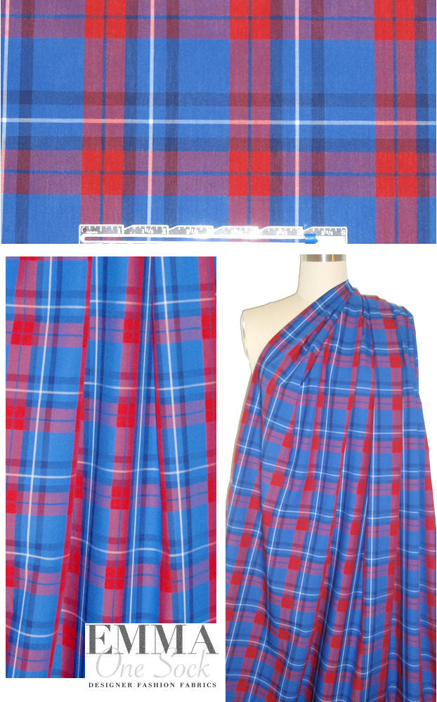 NY designer blue/red plaid cotton shirting 1.5 yd