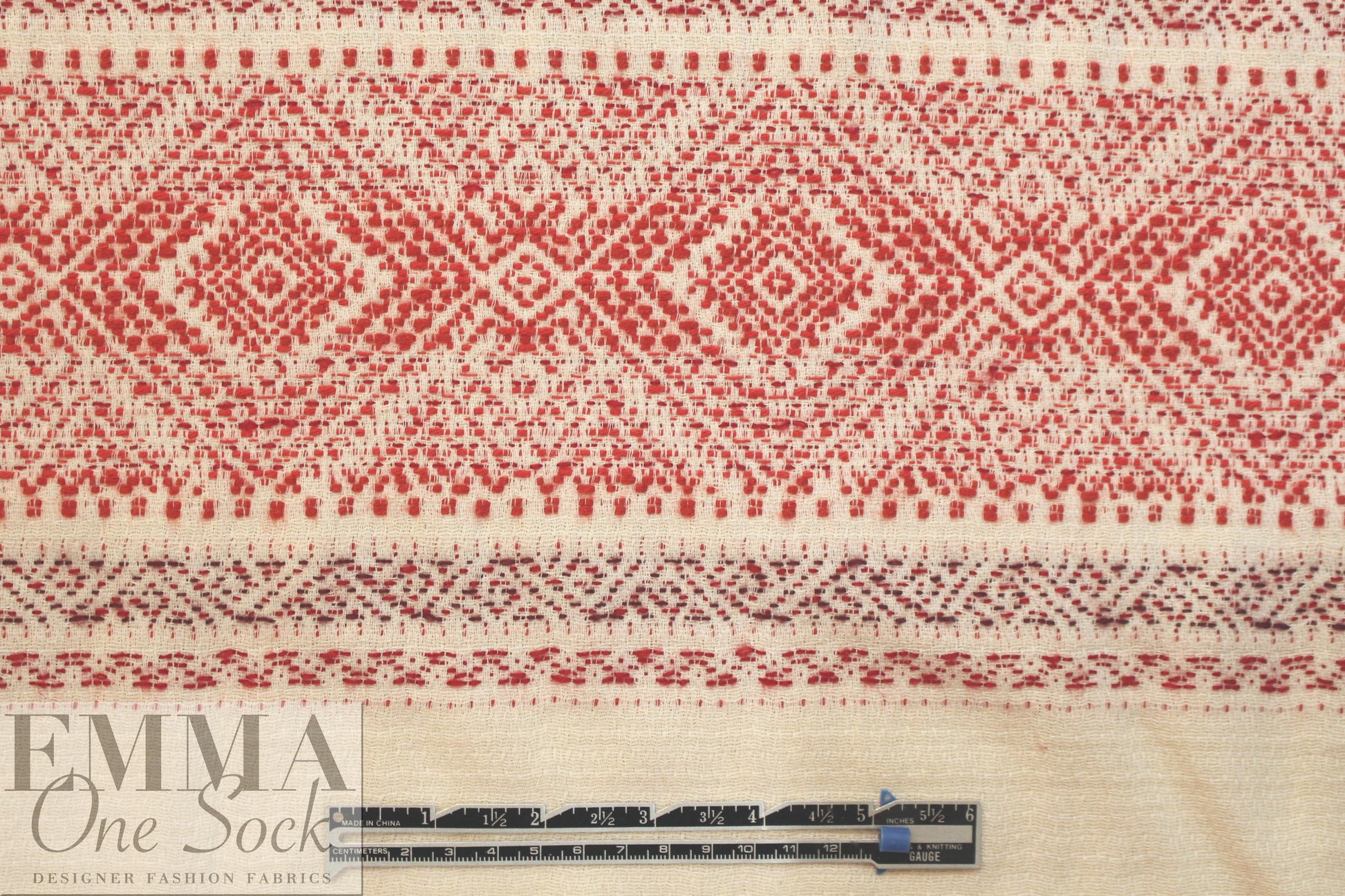 NY designer red/natural jacquard weave cotton blend woven