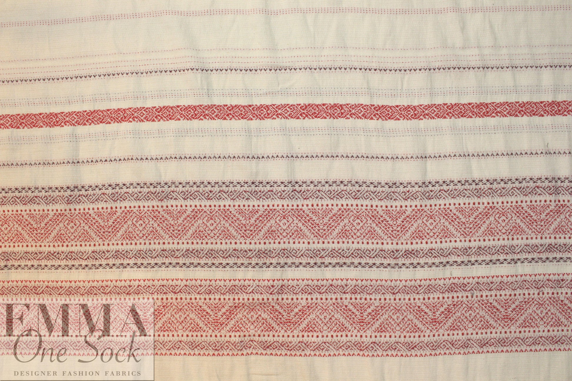 NY designer red/natural jacquard weave cotton blend woven