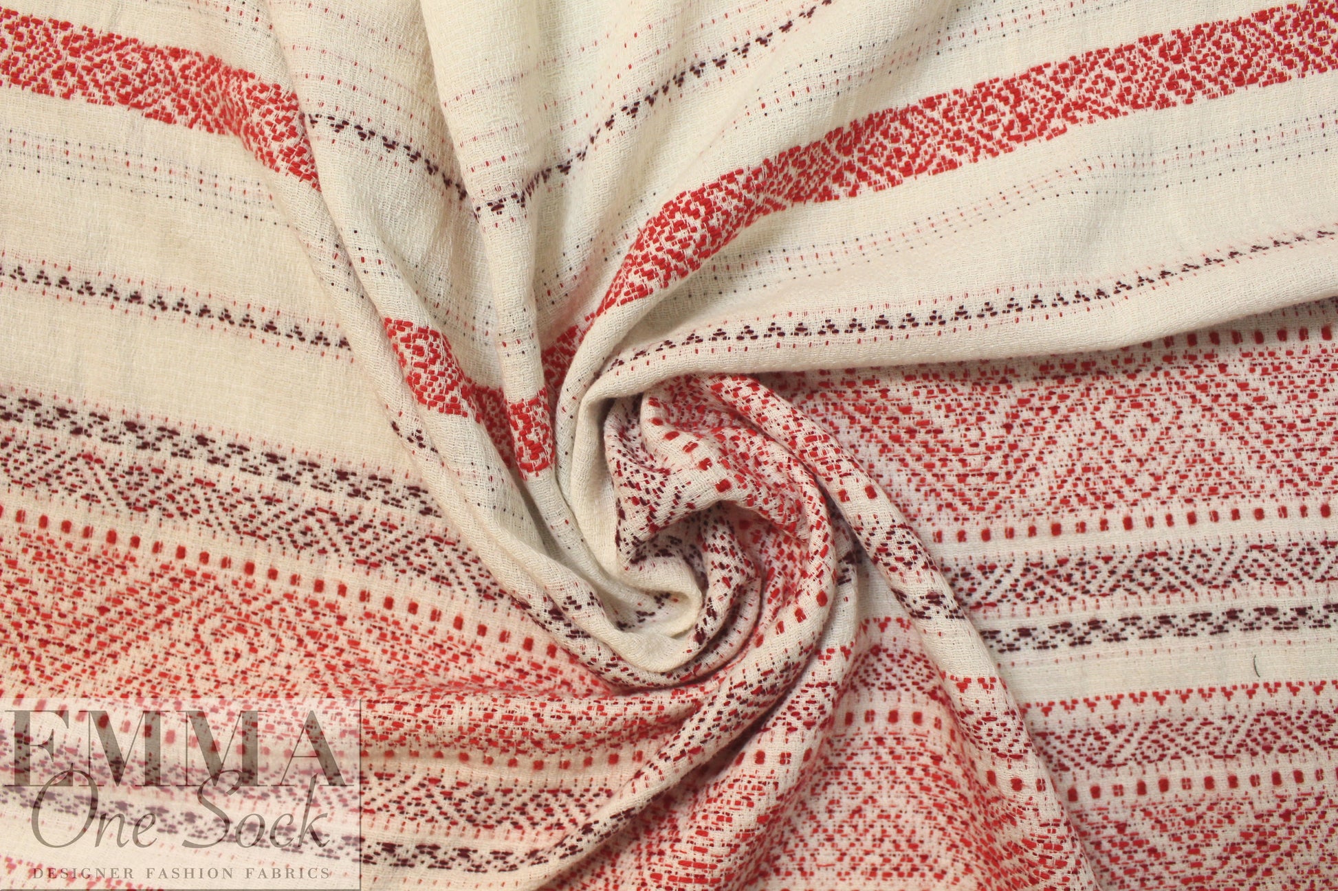 NY designer red/natural jacquard weave cotton blend woven