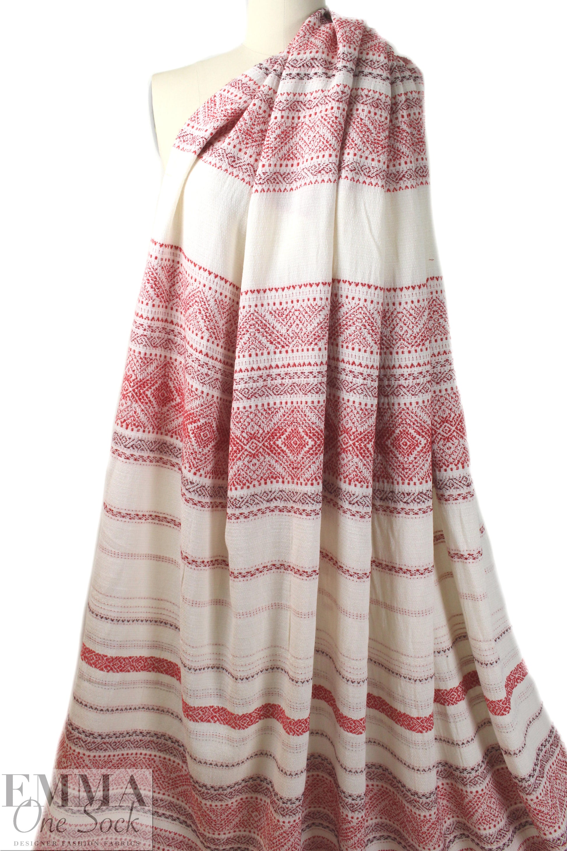 NY designer red/natural jacquard weave cotton blend woven