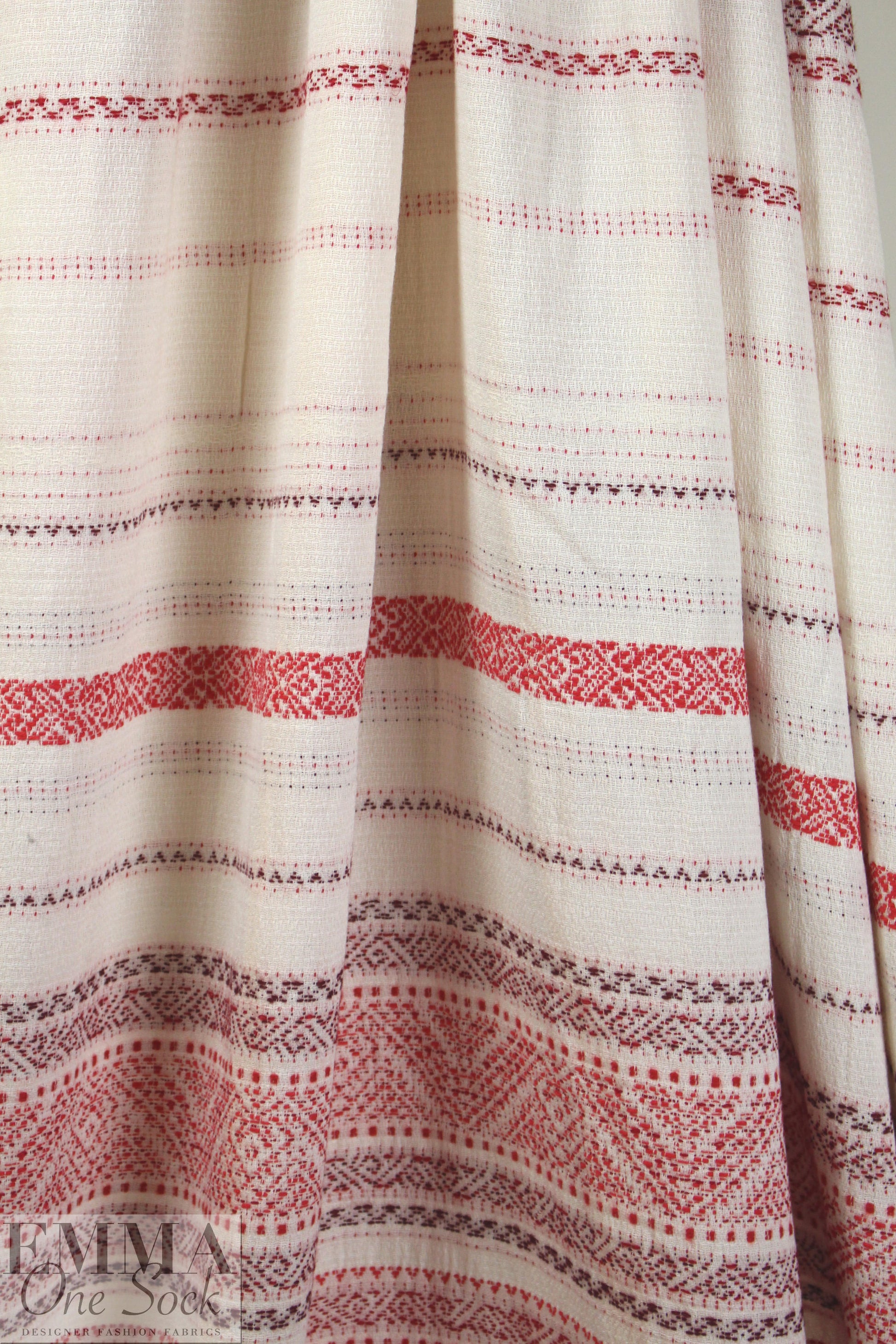 NY designer red/natural jacquard weave cotton blend woven